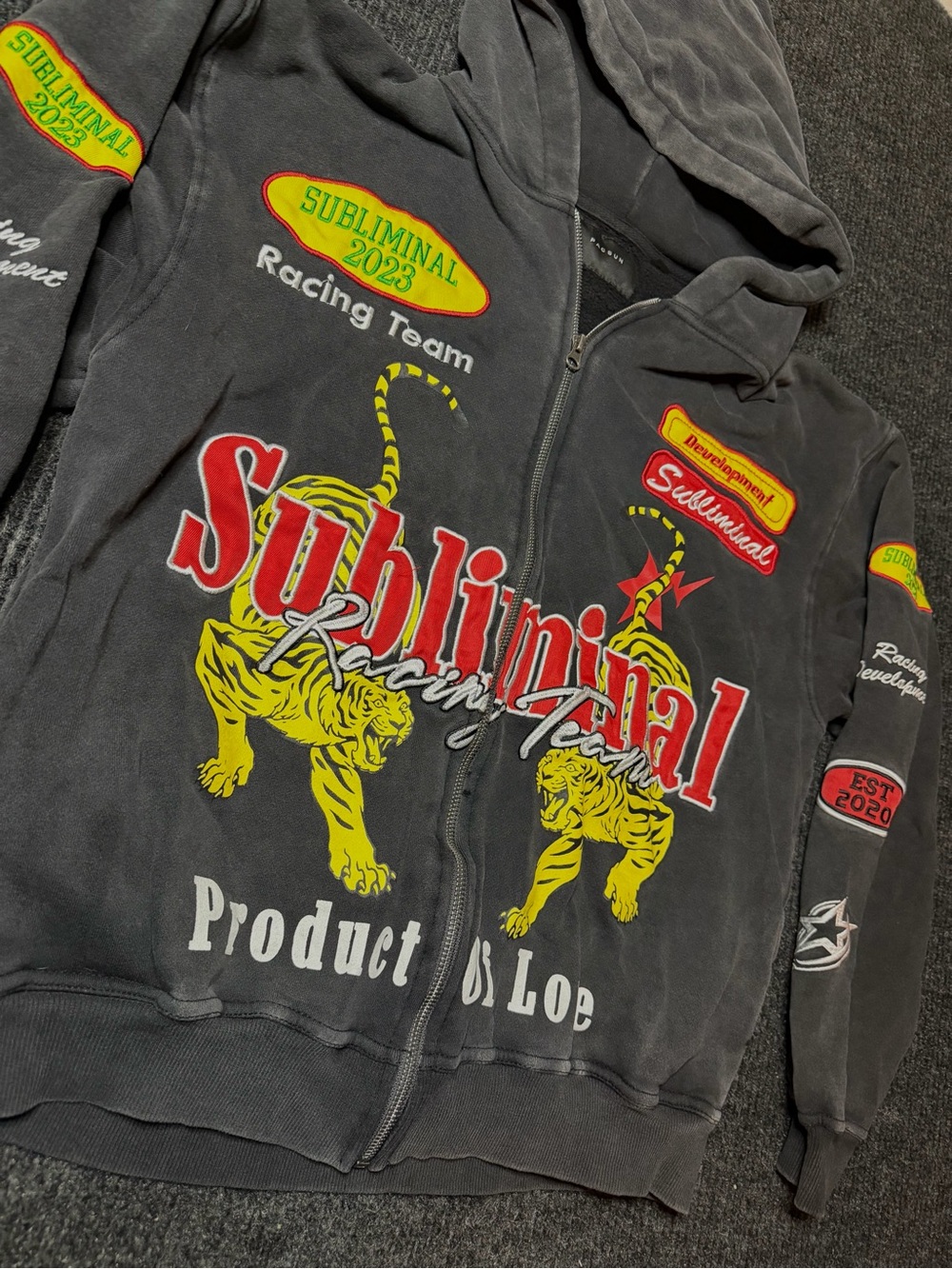 PacSun Subliminal Racing Full Zip Hoodie Medium Washed Black Tiger 2023